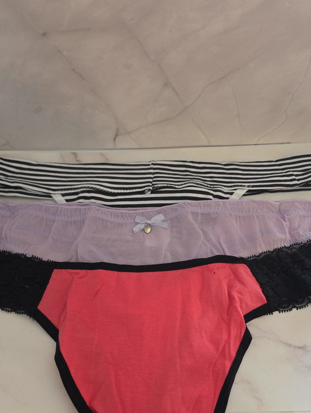 Knotty Knickers  Thong 3 Pack In  Pink, Lavender, Black/White Stripe Size XXL
